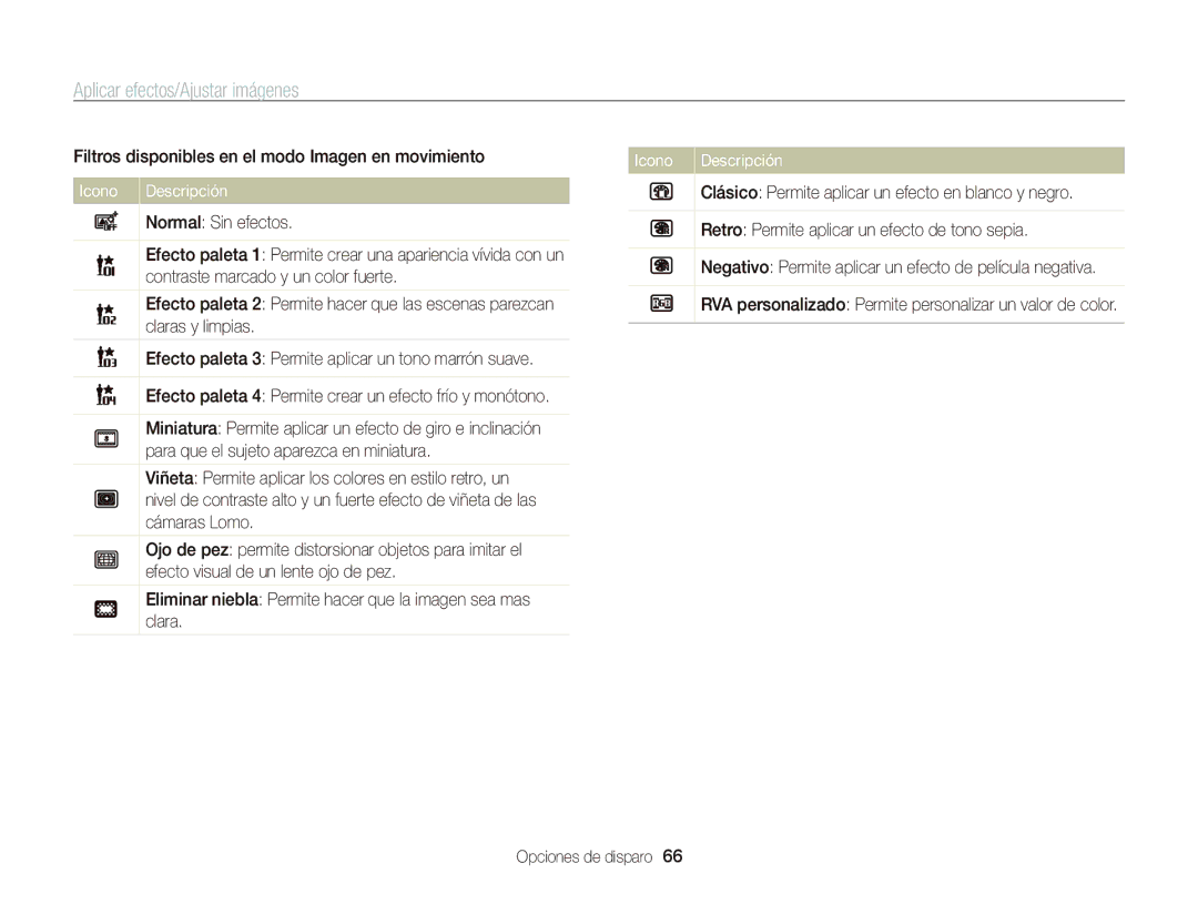 Samsung EC-PL120ZFPLE1 manual Aplicar efectos/Ajustar imágenes, Filtros disponibles en el modo Imagen en movimiento 