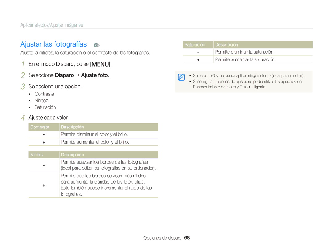 Samsung EC-PL20ZZBPBE1, EC-PL210ZBPPE1 manual Ajustar las fotografías p, Ajuste cada valor, Contraste Nitidez Saturación 