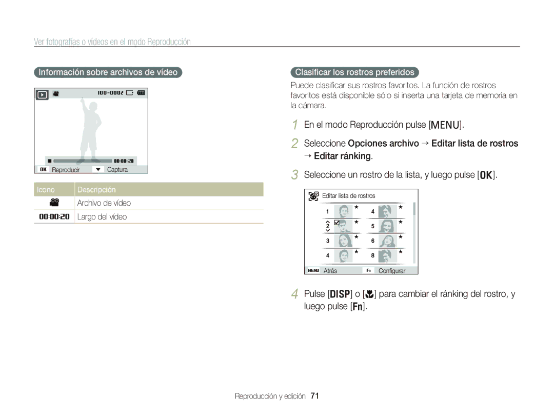 Samsung EC-PL20ZZBPPE1 manual Ver fotografías o vídeos en el modo Reproducción, Información sobre archivos de vídeo 