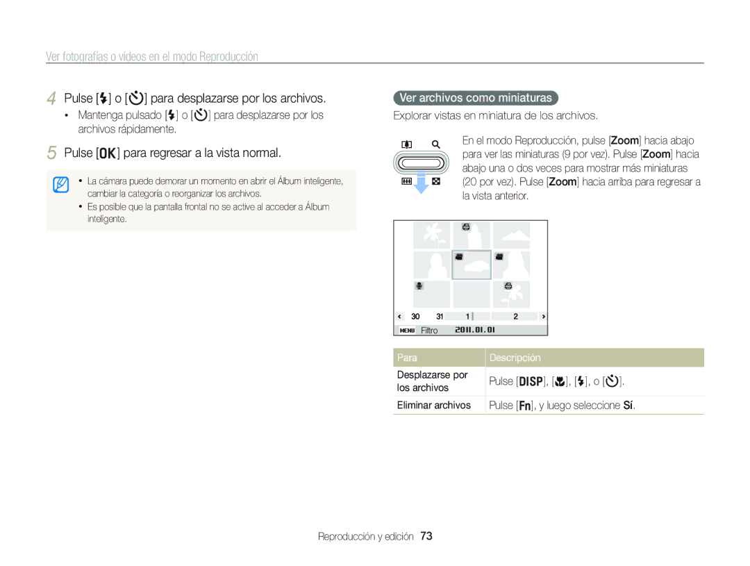 Samsung EC-PL210ZBPSE1 manual Pulse o para regresar a la vista normal, Ver archivos como miniaturas, Para Descripción 