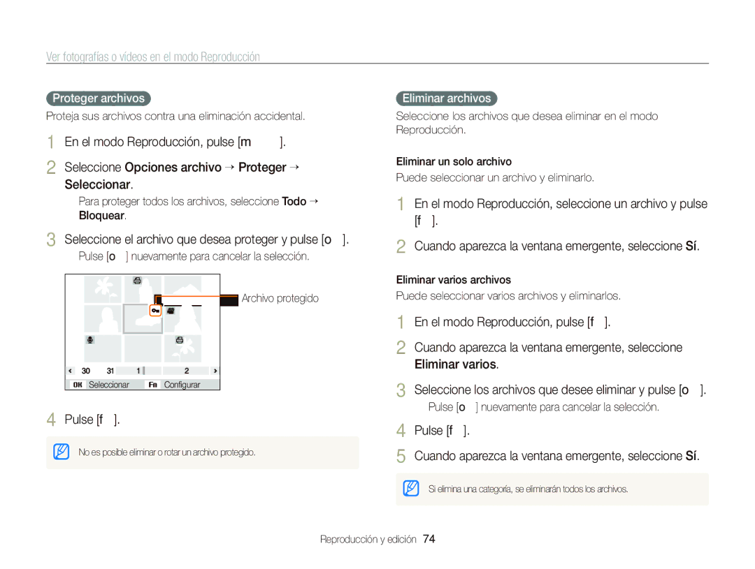Samsung EC-PL210ZBPPE1 Seleccione el archivo que desea proteger y pulse o, Pulse f, Proteger archivos, Eliminar archivos 
