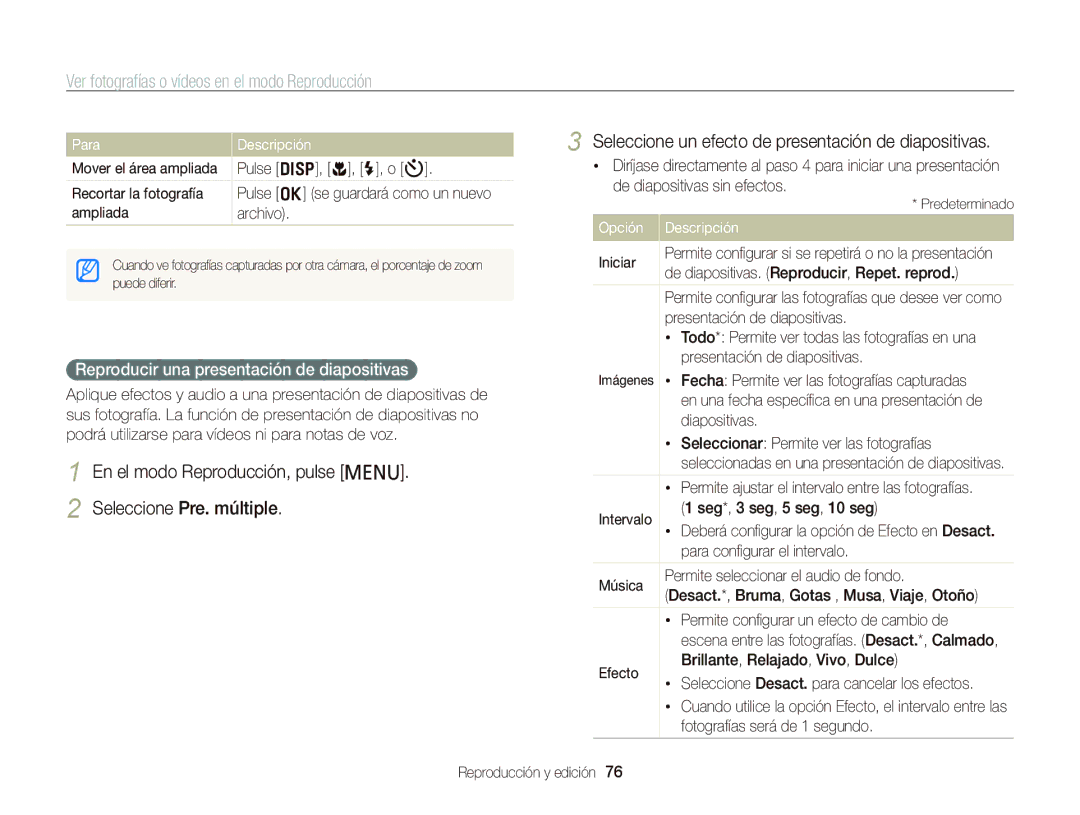 Samsung EC-PL20ZZBPRE1 manual Seleccione un efecto de presentación de diapositivas, En el modo Reproducción, pulse m 