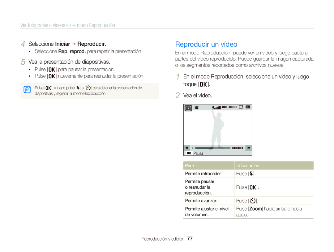 Samsung EC-PL120ZFPPE1 manual Reproducir un vídeo, Seleccione Iniciar “ Reproducir, Vea la presentación de diapositivas 