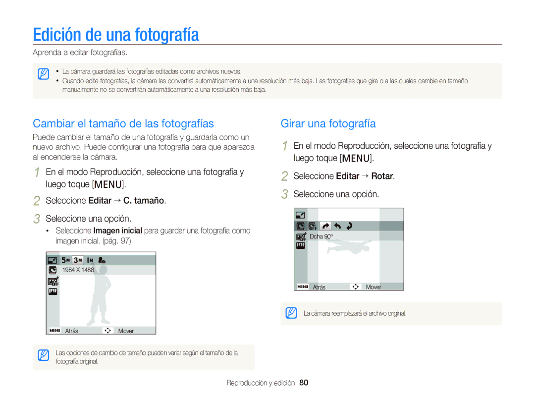 Samsung EC-PL210ZBPBE1 manual Edición de una fotografía, Cambiar el tamaño de las fotografías, Girar una fotografía 