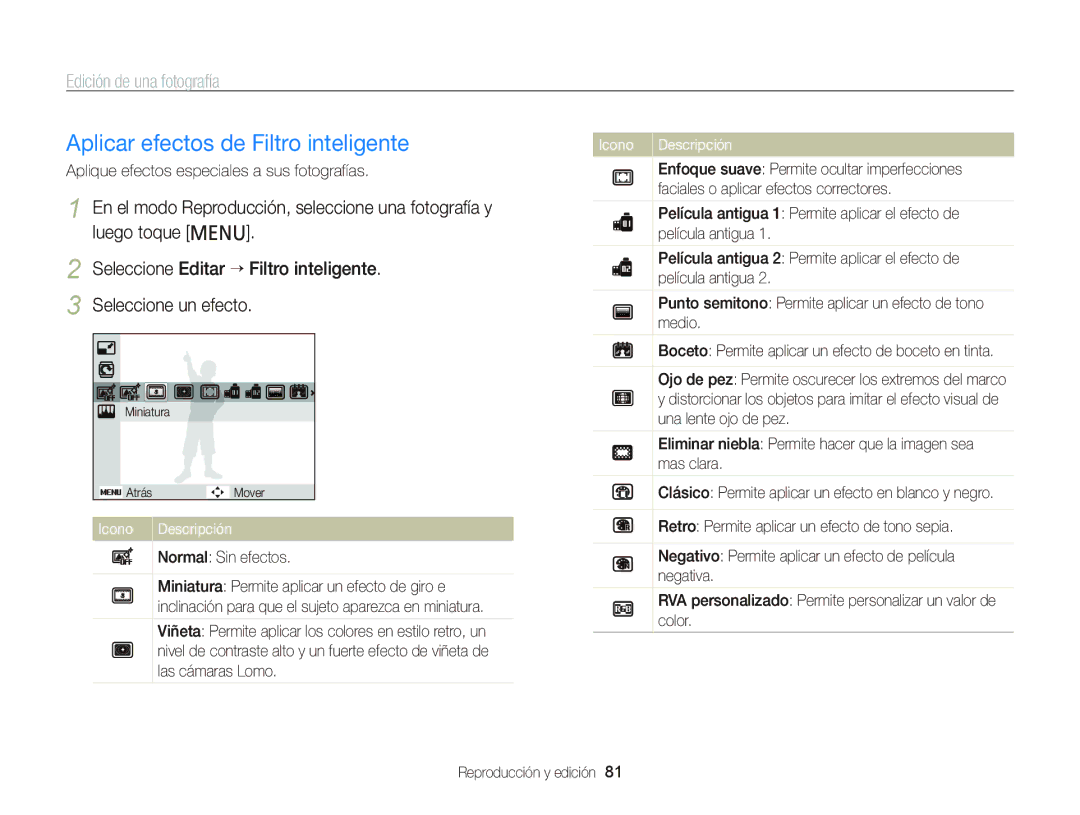 Samsung EC-PL120ZFPLE1, EC-PL210ZBPPE1, EC-PL120ZBPBE1 Aplicar efectos de Filtro inteligente, Edición de una fotografía 