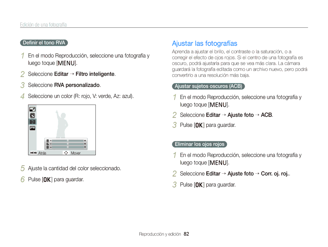 Samsung EC-PL120ZBPSE1 Ajustar las fotografías, Deﬁnir el tono RVA, Ajustar sujetos oscuros ACB, Eliminar los ojos rojos 