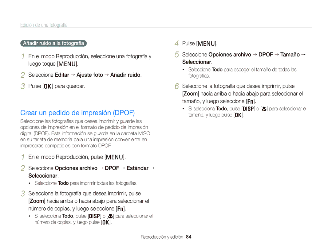 Samsung EC-PL120ZFPSE1, EC-PL210ZBPPE1, EC-PL120ZBPBE1 manual Crear un pedido de impresión Dpof, Añadir ruido a la fotografía 