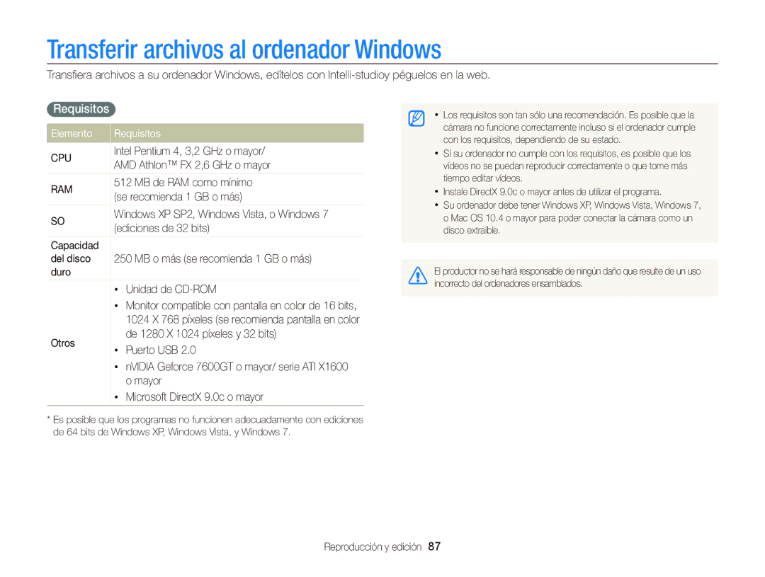 Samsung EC-PL20ZZBPSE1, EC-PL210ZBPPE1, EC-PL120ZBPBE1 Transferir archivos al ordenador Windows, Elemento Requisitos 