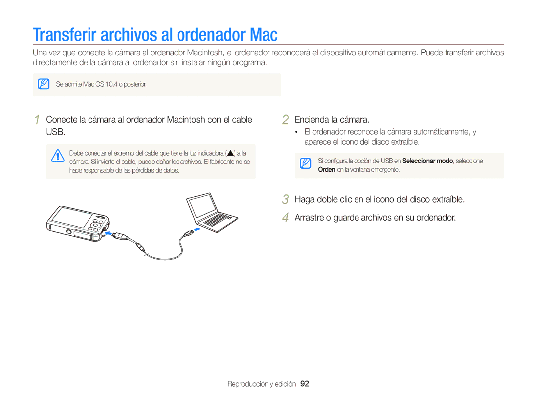 Samsung EC-PL120ZFPPE1 Transferir archivos al ordenador Mac, Conecte la cámara al ordenador Macintosh con el cable USB 