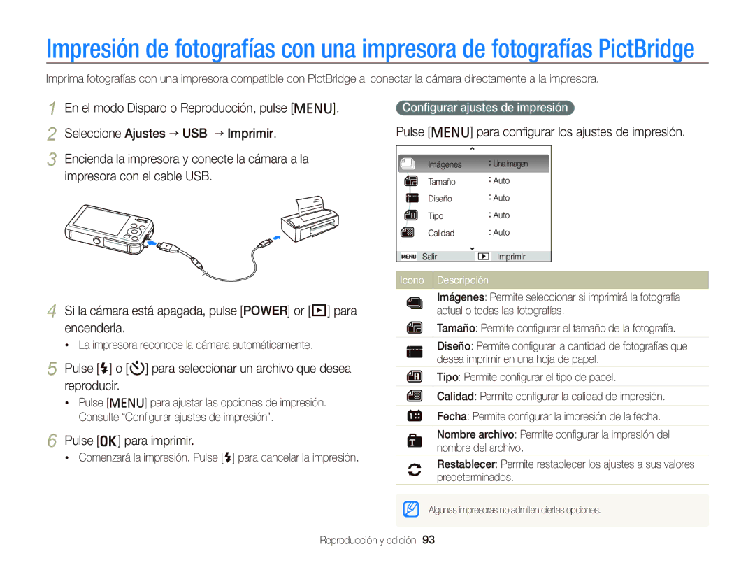 Samsung EC-PL120ZFPBE1, EC-PL210ZBPPE1 manual Pulse o para imprimir, Pulse m para conﬁgurar los ajustes de impresión 