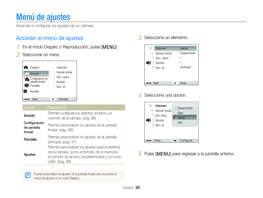 Samsung EC-PL210ZBPBE1, EC-PL210ZBPPE1, EC-PL120ZBPBE1 Menú de ajustes, Acceder al menú de ajustes, Seleccione un elemento 