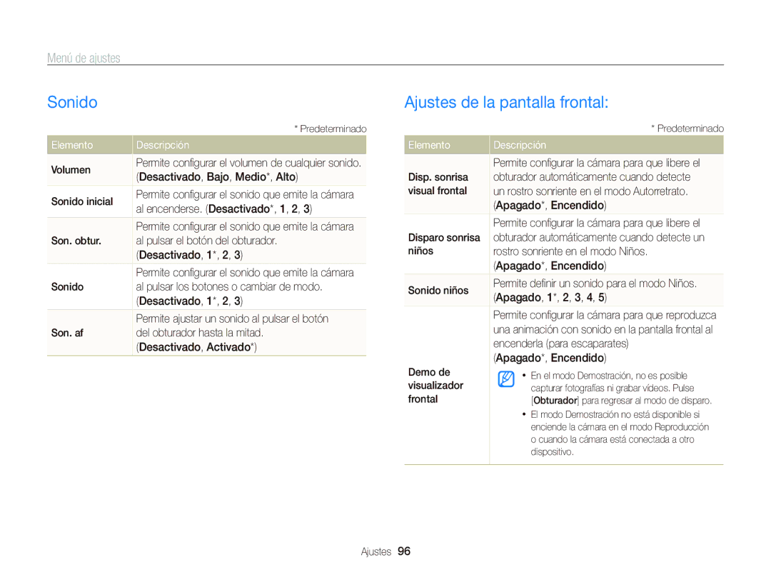 Samsung EC-PL120ZFPLE1, EC-PL210ZBPPE1 manual Sonido, Ajustes de la pantalla frontal, Menú de ajustes, Elemento Descripción 