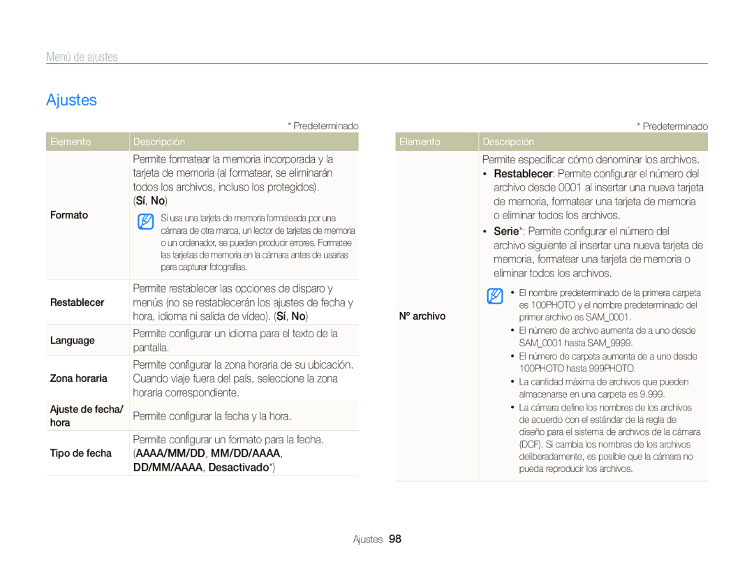 Samsung EC-PL20ZZBPBE1, EC-PL210ZBPPE1, EC-PL120ZBPBE1, EC-PL20ZZBPRE1, EC-PL120ZFPPE1, EC-PL120ZFPBE1, EC-PL120ZBPPE1 Ajustes 