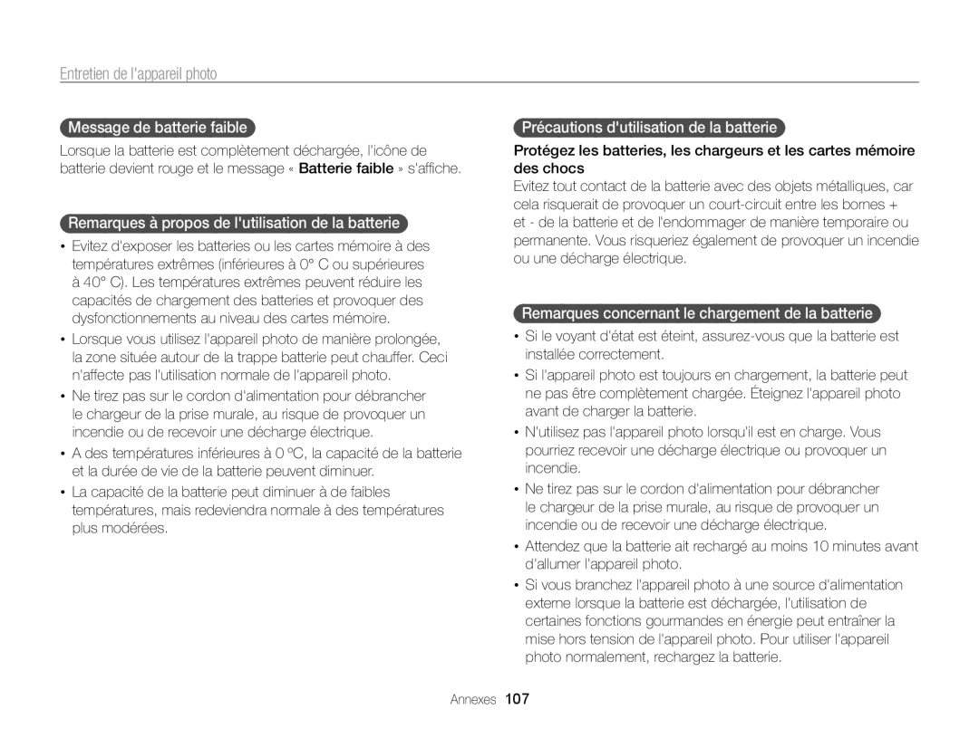 Samsung EC-PL120ZFPPE1, EC-PL210ZBPPE1 manual Message de batterie faible, Remarques à propos de lutilisation de la batterie 