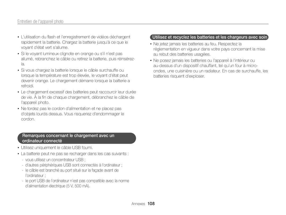 Samsung EC-PL120ZFPBE1, EC-PL210ZBPPE1, EC-PL120ZBPBE1, EC-PL20ZZDPSZA, EC-PL20ZZDPBZA manual Entretien de lappareil photo 