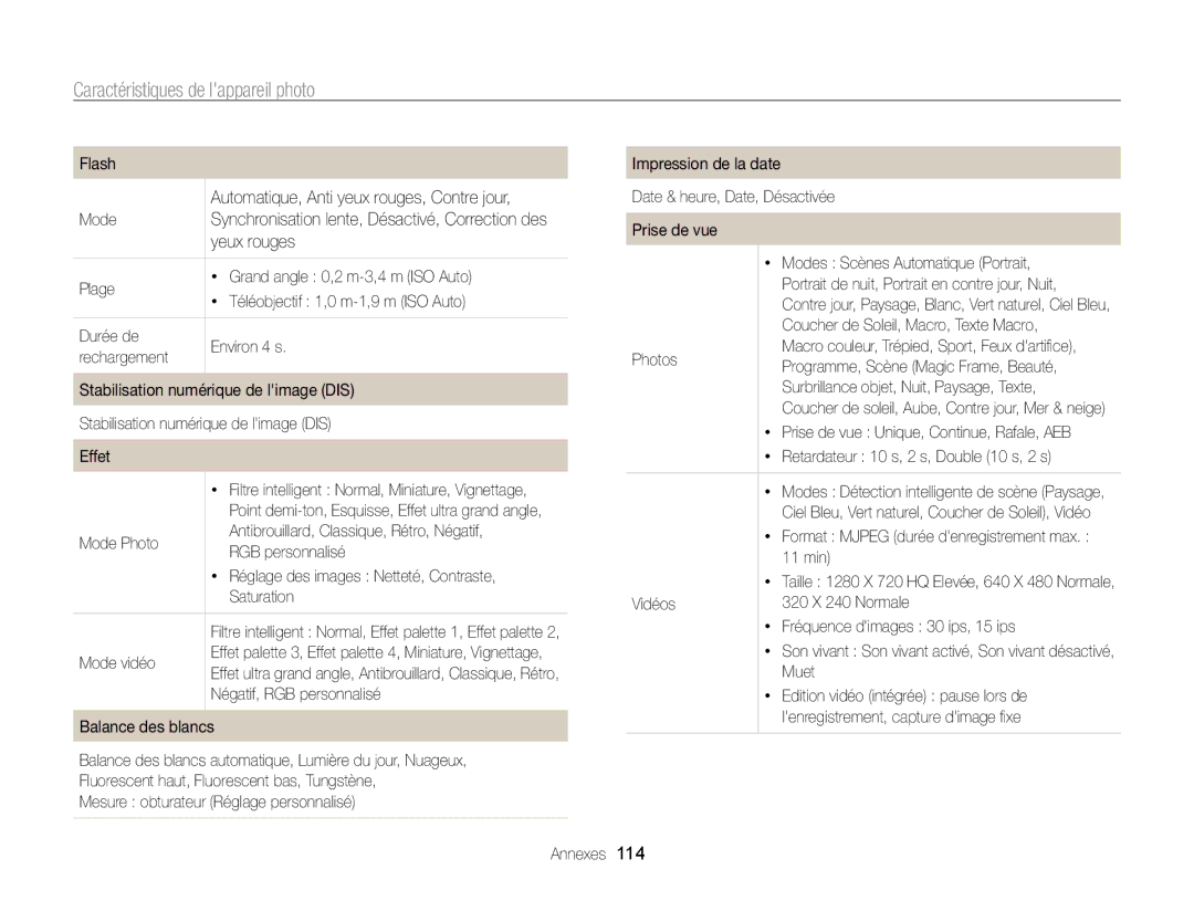 Samsung EC-PL20ZZBPBE1, EC-PL210ZBPPE1, EC-PL120ZBPBE1, EC-PL20ZZDPSZA, EC-PL20ZZDPBZA Caractéristiques de lappareil photo 