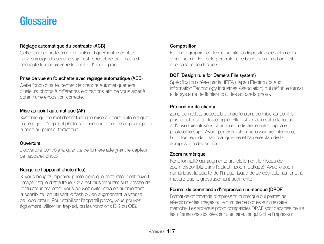 Samsung EC-PL120ZBPLE1, EC-PL210ZBPPE1, EC-PL120ZBPBE1, EC-PL20ZZDPSZA manual Glossaire, Réglage automatique du contraste ACB 