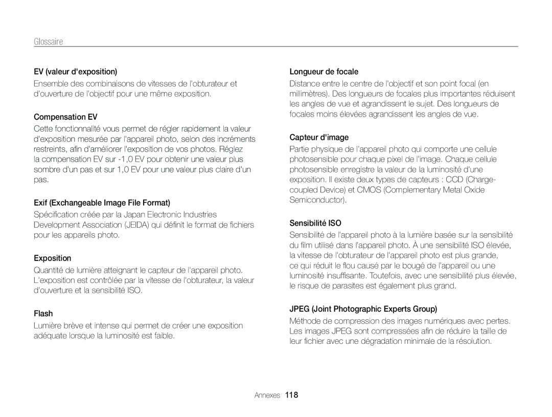 Samsung EC-PL210ZBPPE1 manual Glossaire, EV valeur dexposition, Compensation EV, Jpeg Joint Photographic Experts Group 