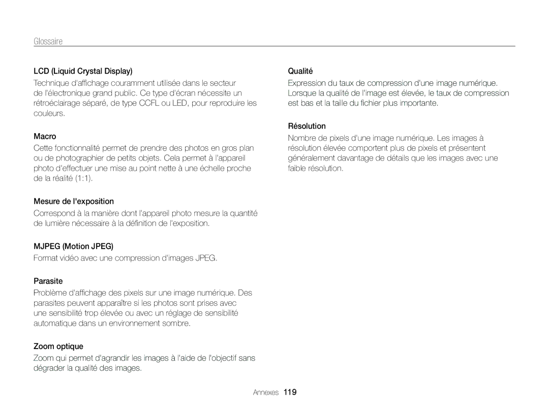 Samsung EC-PL120ZBPBE1, EC-PL210ZBPPE1, EC-PL20ZZDPSZA, EC-PL20ZZDPBZA, EC-PL20ZZBPRE1, EC-PL121ZBDBE1 manual Glossaire 