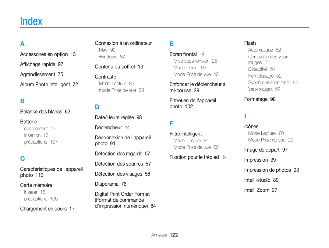 Samsung EC-PL20ZZBPRE1, EC-PL210ZBPPE1 Index, Chargement 17 insertion 16 précautions, Insérer 16 précautions, Mac Windows 