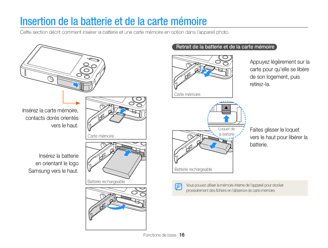 Samsung EC-PL210ZBPPE1 Insertion de la batterie et de la carte mémoire, Retrait de la batterie et de la carte mémoire 