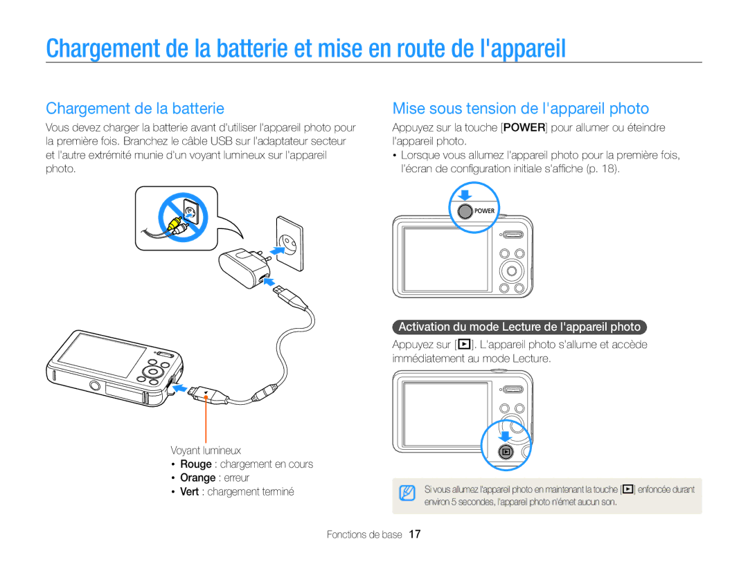 Samsung EC-PL120ZBPBE1 manual Chargement de la batterie et mise en route de lappareil, Mise sous tension de lappareil photo 