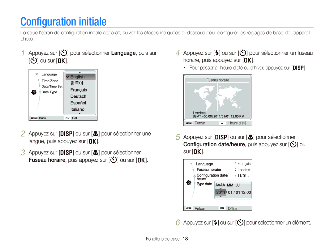 Samsung EC-PL20ZZDPSZA, EC-PL210ZBPPE1 manual Conﬁguration initiale, Appuyez sur F ou sur t pour sélectionner un élément 