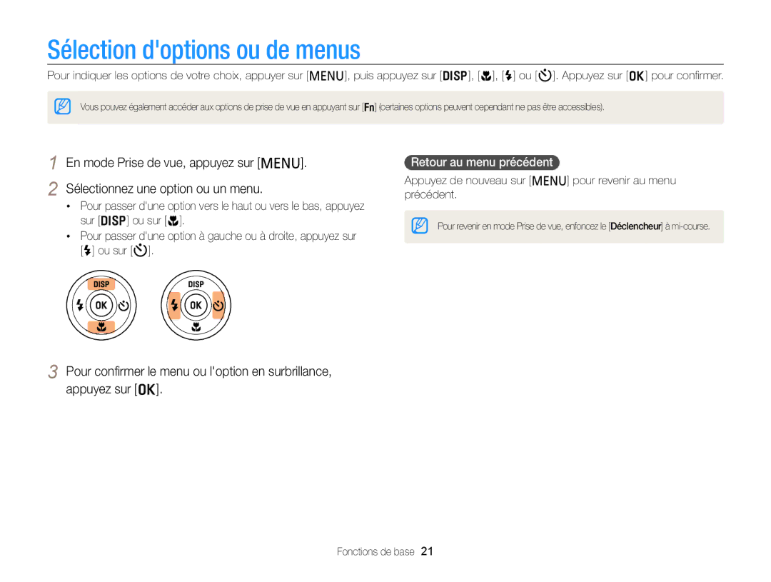 Samsung EC-PL121ZBDBE1 manual Sélection doptions ou de menus, Sélectionnez une option ou un menu, Retour au menu précédent 