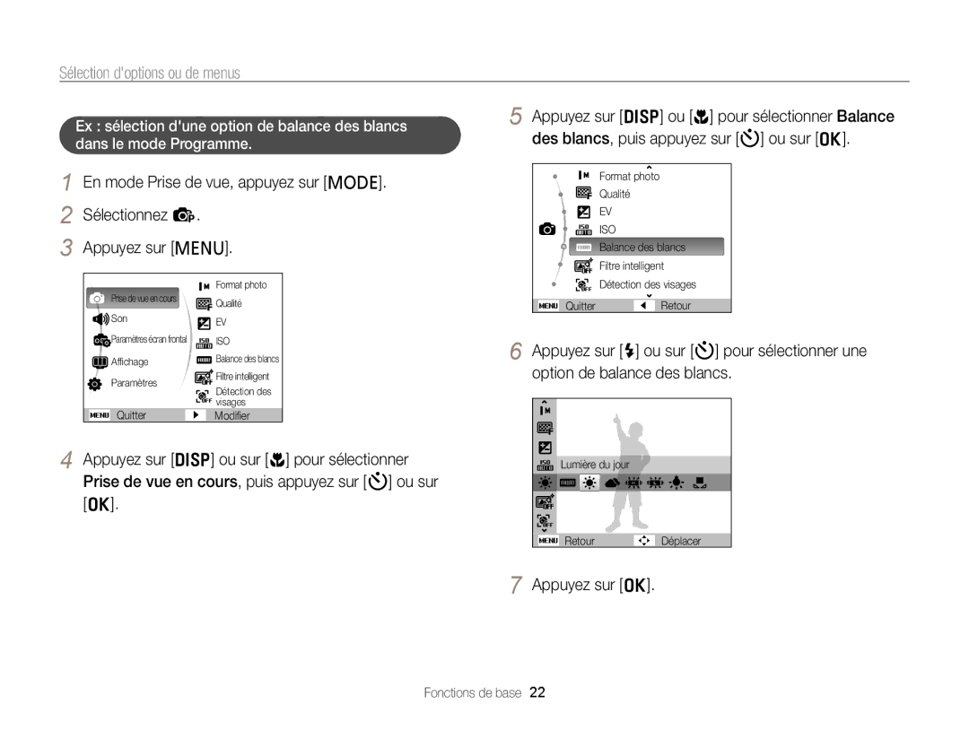 Samsung EC-PL120ZFPPE1 manual Sélection doptions ou de menus, Appuyez sur F ou sur t pour sélectionner une, Appuyez sur o 