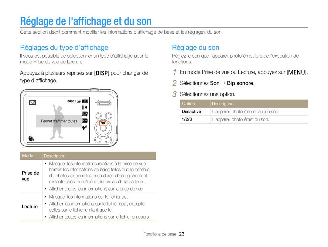 Samsung EC-PL120ZFPBE1, EC-PL210ZBPPE1 manual Réglage de lafﬁchage et du son, Réglages du type dafﬁchage, Réglage du son 