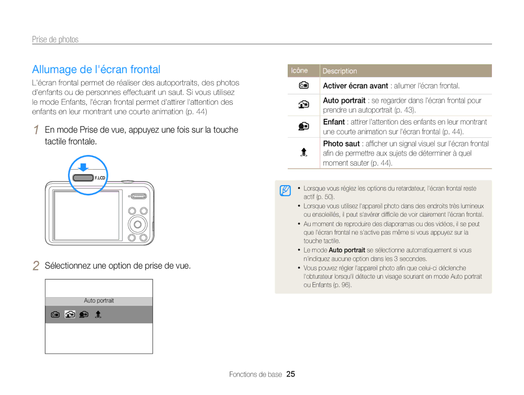 Samsung EC-PL210ZBPBE1, EC-PL210ZBPPE1, EC-PL120ZBPBE1, EC-PL20ZZDPSZA manual Allumage de lécran frontal, Prise de photos 