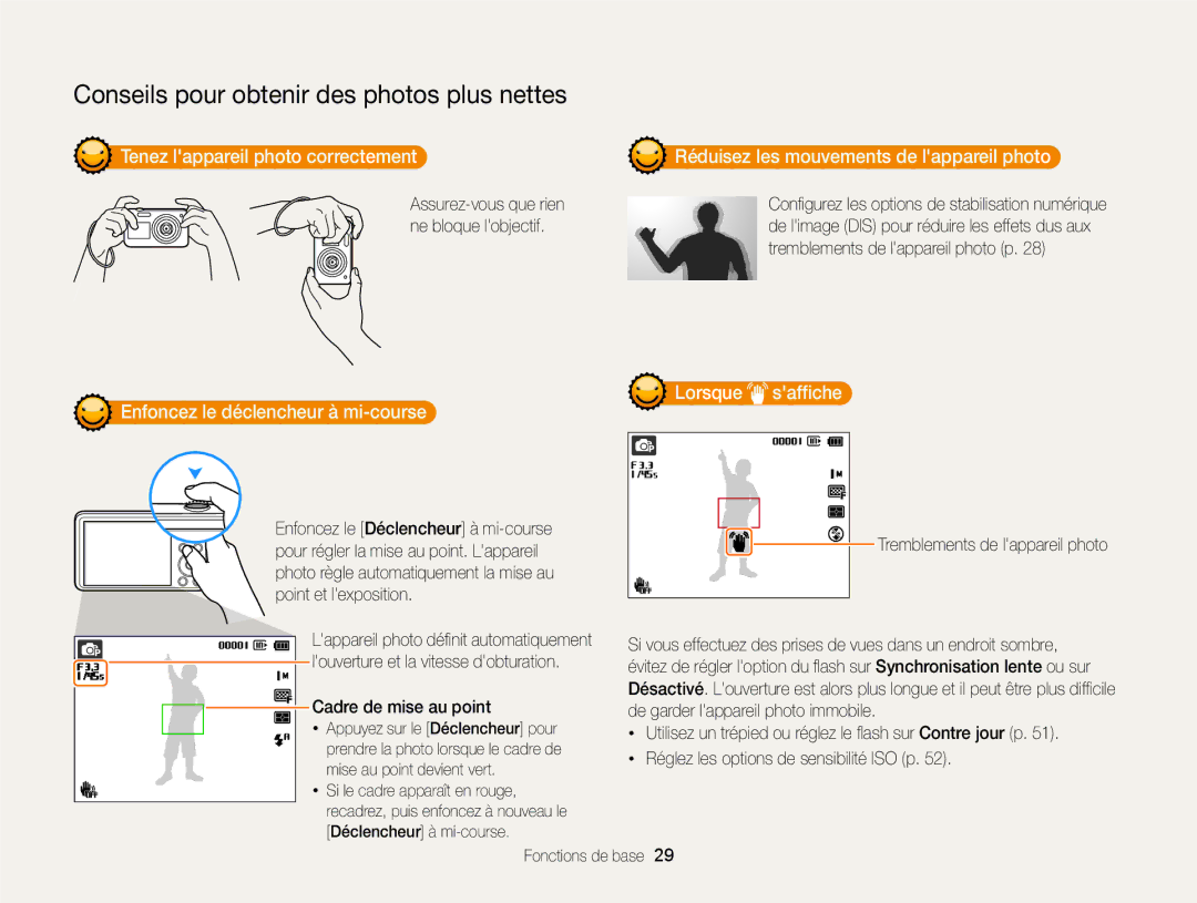 Samsung EC-PL20ZZBPBE1 manual Tenez lappareil photo correctement, Enfoncez le déclencheur à mi-course, Lorsque safﬁche 