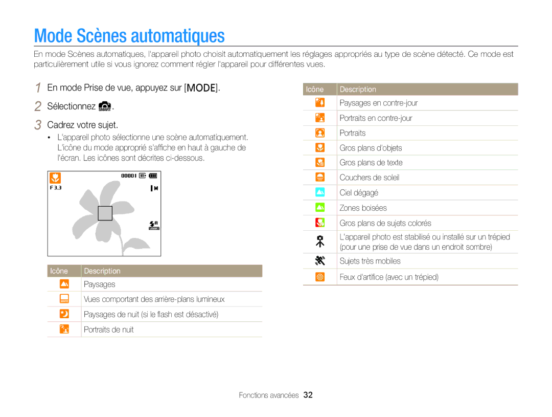 Samsung EC-PL120ZBPLE1, EC-PL210ZBPPE1 manual Mode Scènes automatiques, En mode Prise de vue, appuyez sur M, Sélectionnez S 