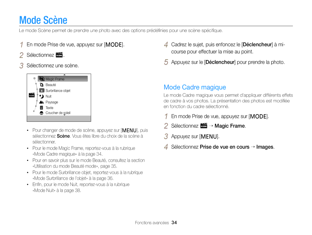 Samsung EC-PL120ZBPBE1, EC-PL210ZBPPE1, EC-PL20ZZDPSZA, EC-PL20ZZDPBZA, EC-PL20ZZBPRE1 manual Mode Scène, Mode Cadre magique 