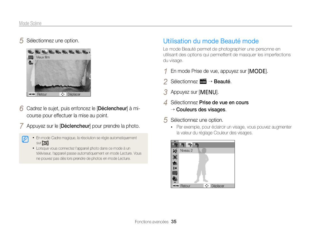 Samsung EC-PL20ZZDPSZA manual Utilisation du mode Beauté mode, Mode Scène, Sélectionnez s “ Beauté, “ Couleurs des visages 