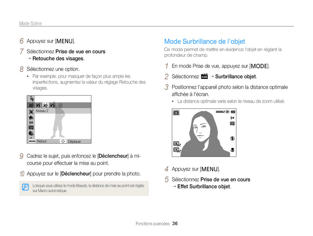 Samsung EC-PL20ZZDPBZA manual Mode Surbrillance de lobjet, La distance optimale varie selon le niveau de zoom utilisé 