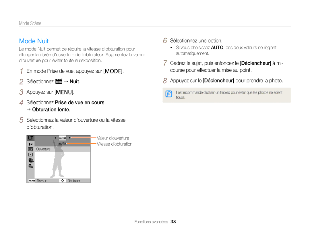 Samsung EC-PL121ZBDBE1, EC-PL210ZBPPE1 manual Mode Nuit, Sélectionnez la valeur douverture ou la vitesse dobturation 