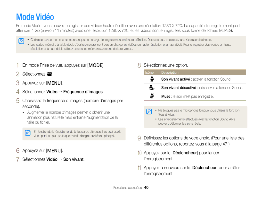 Samsung EC-PL120ZFPBE1, EC-PL210ZBPPE1, EC-PL120ZBPBE1, EC-PL20ZZDPSZA manual Mode Vidéo, Muet le son nest pas enregistré 