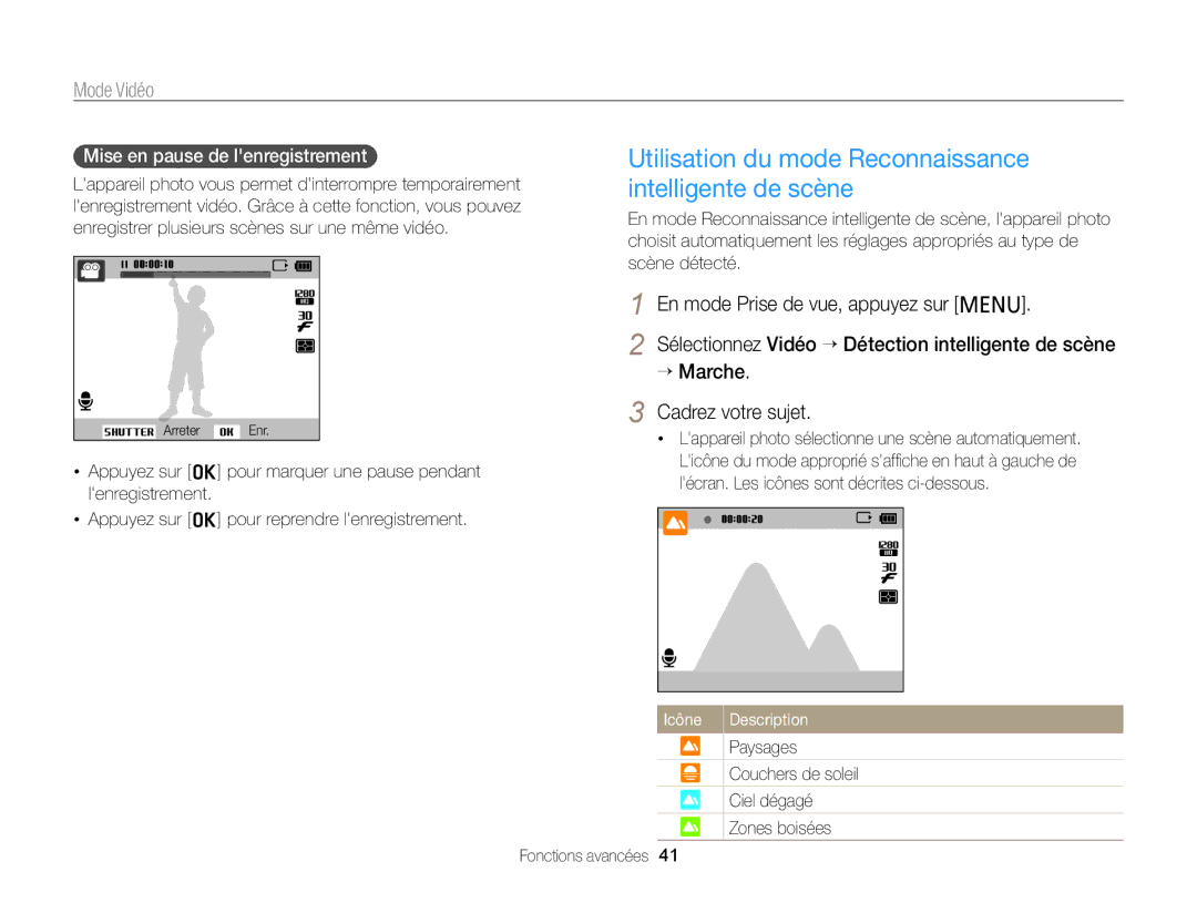 Samsung EC-PL120ZBPPE1, EC-PL210ZBPPE1, EC-PL120ZBPBE1 Utilisation du mode Reconnaissance intelligente de scène, Mode Vidéo 