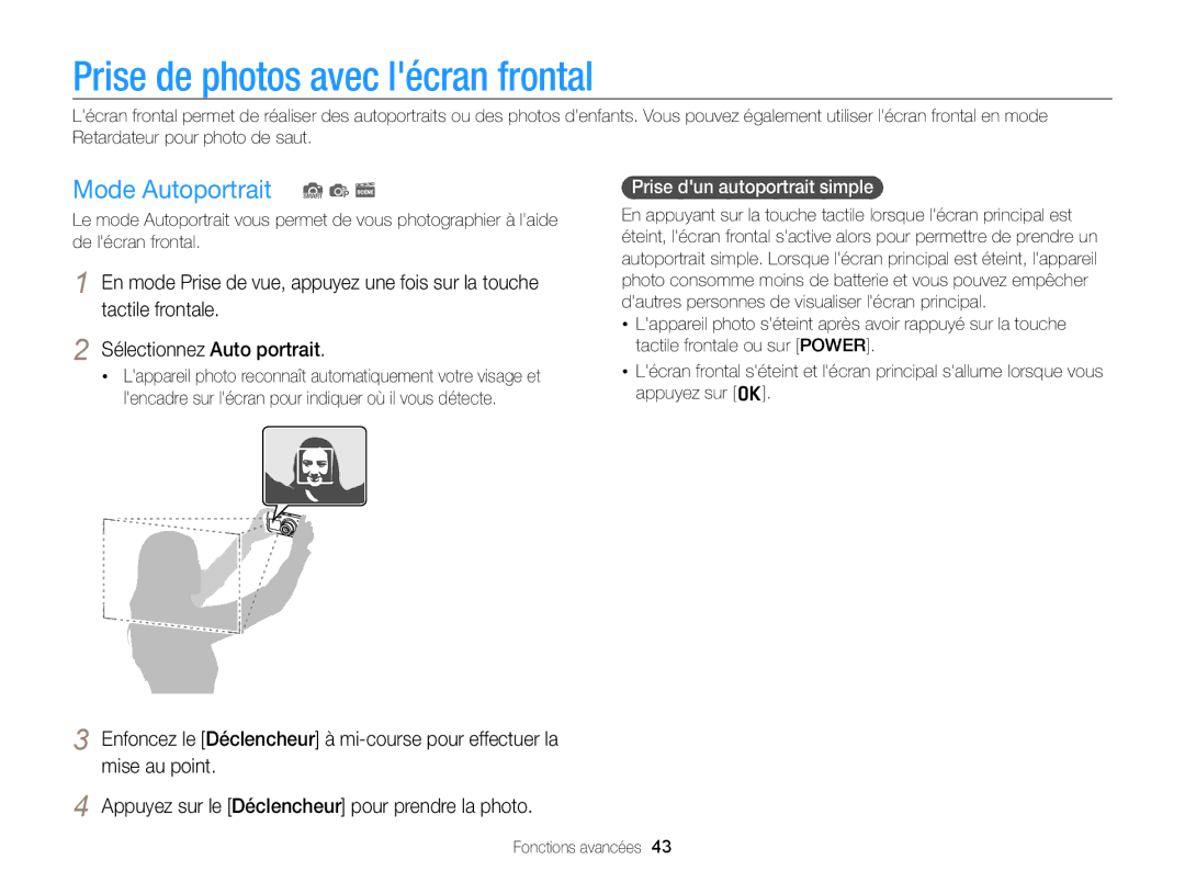 Samsung EC-PL210ZDPBZA manual Prise de photos avec lécran frontal, Mode Autoportrait S p s, Prise dun autoportrait simple 