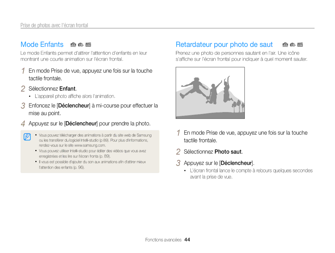 Samsung EC-PL120ZFPLE1 manual Mode Enfants S p s, Retardateur pour photo de saut S p s, Prise de photos avec lécran frontal 