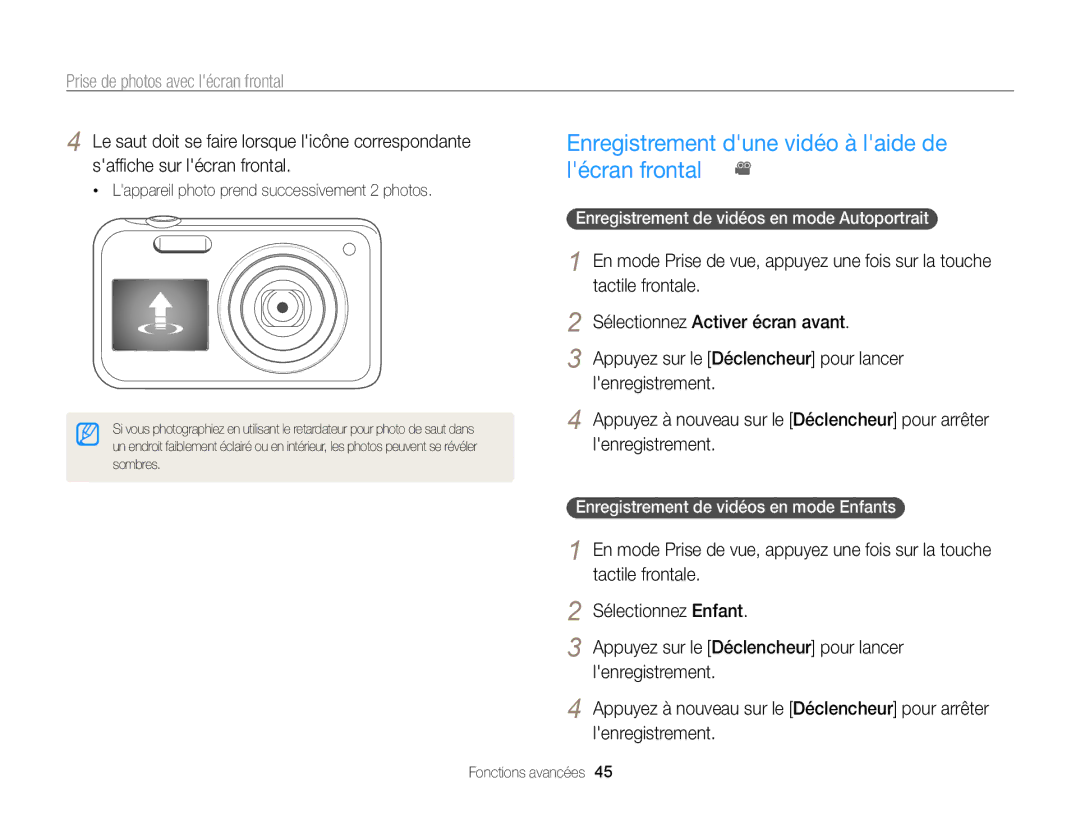Samsung EC-PL120ZBPSE1 Enregistrement dune vidéo à laide de lécran frontal, Enregistrement de vidéos en mode Autoportrait 