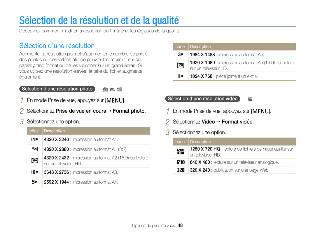 Samsung EC-PL120ZFPSE1, EC-PL210ZBPPE1 manual Sélection de la résolution et de la qualité, Sélection dune résolution 