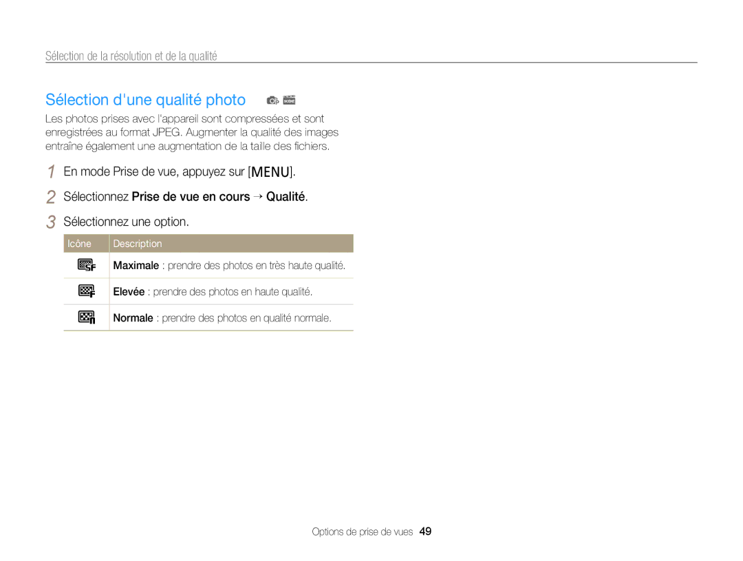 Samsung EC-PL120ZBPLE1, EC-PL210ZBPPE1 manual Sélection dune qualité photo p s, Sélection de la résolution et de la qualité 