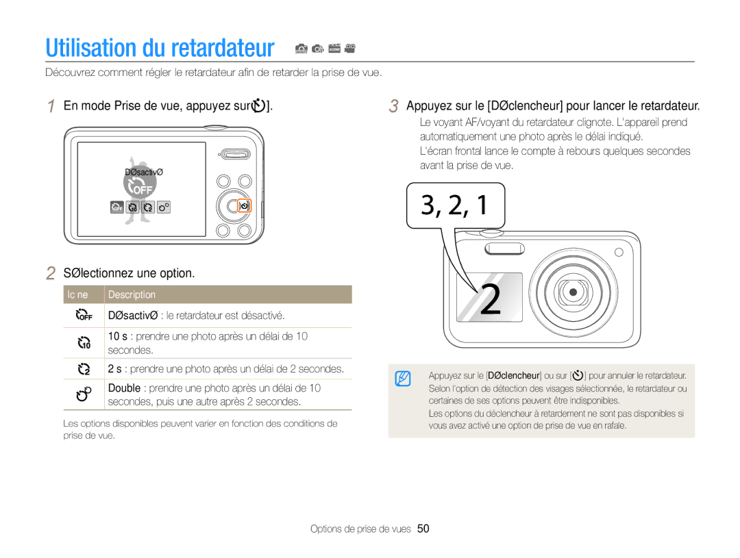 Samsung EC-PL210ZBPPE1 manual En mode Prise de vue, appuyez sur t, Appuyez sur le Déclencheur pour lancer le retardateur 