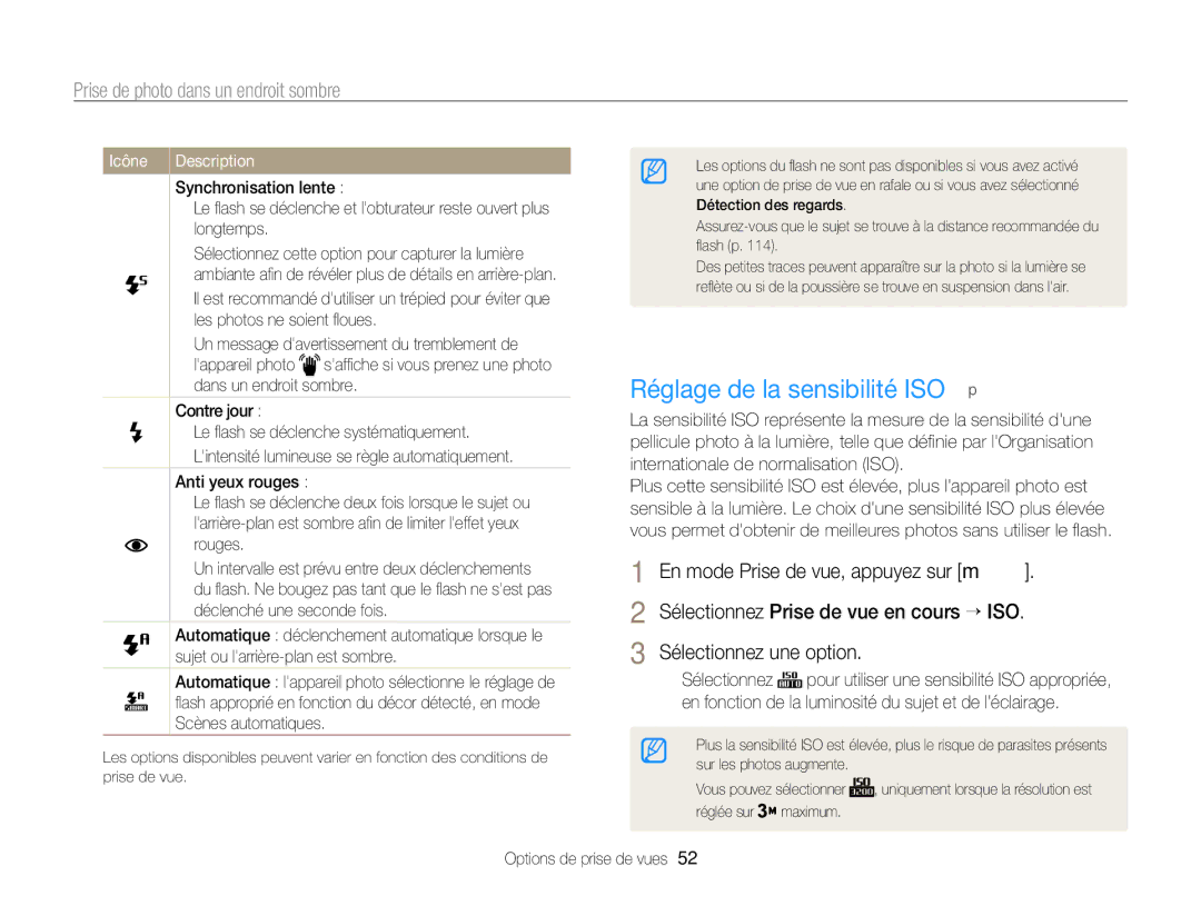 Samsung EC-PL20ZZDPSZA, EC-PL210ZBPPE1 manual Réglage de la sensibilité ISO p, Prise de photo dans un endroit sombre, Rouges 