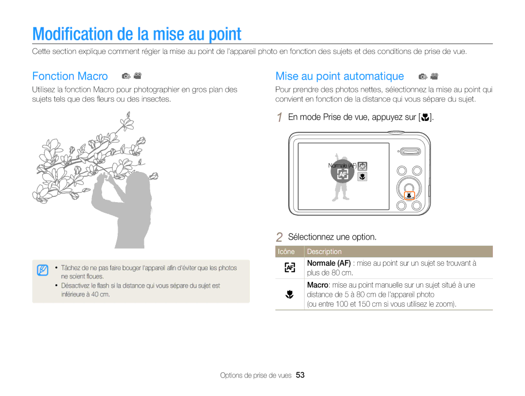 Samsung EC-PL20ZZDPBZA, EC-PL210ZBPPE1 manual Modiﬁcation de la mise au point, Fonction Macro p Mise au point automatique p 