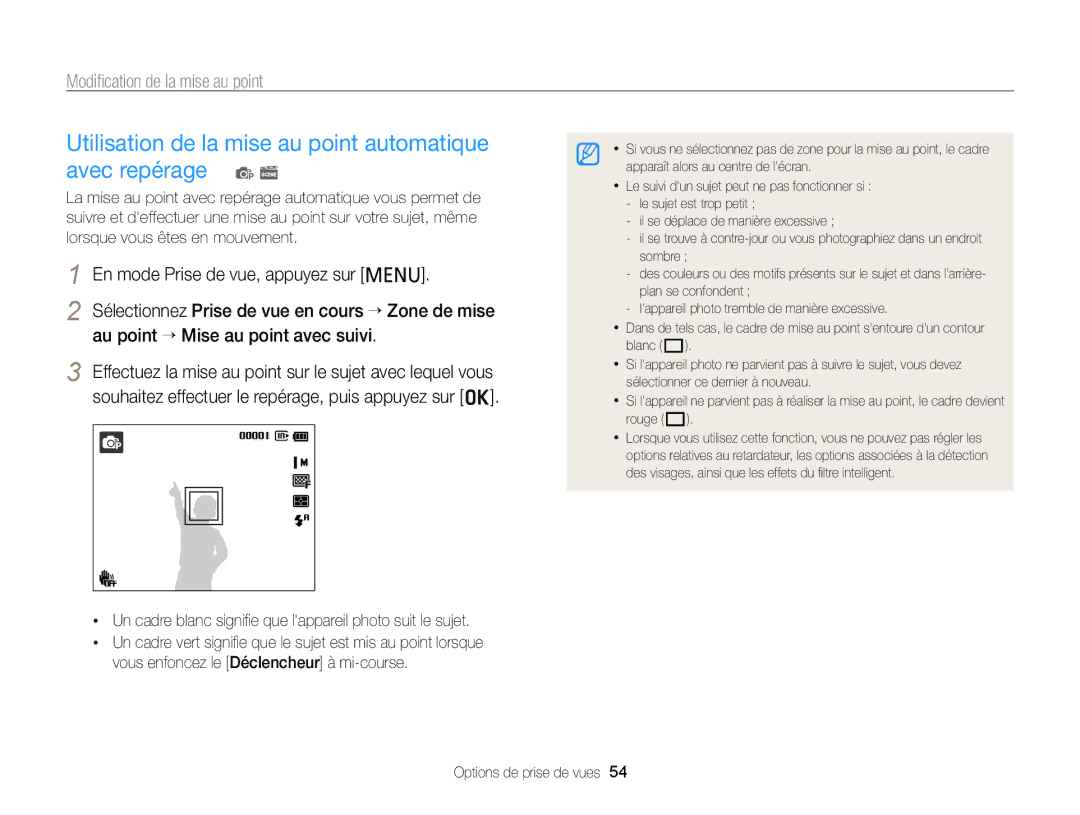 Samsung EC-PL20ZZBPRE1, EC-PL210ZBPPE1, EC-PL120ZBPBE1 Modiﬁcation de la mise au point, En mode Prise de vue, appuyez sur m 