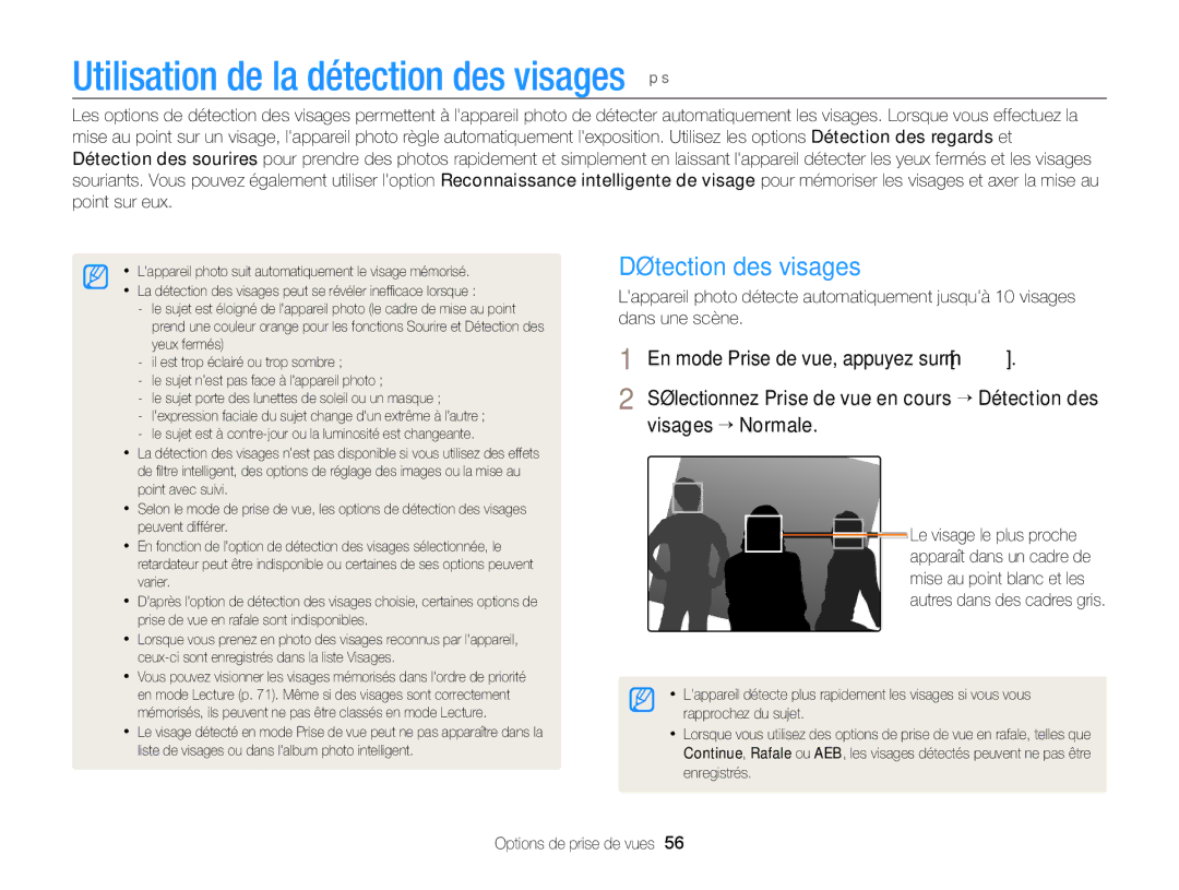 Samsung EC-PL120ZFPPE1, EC-PL210ZBPPE1, EC-PL120ZBPBE1 manual Utilisation de la détection des visages, Détection des visages 