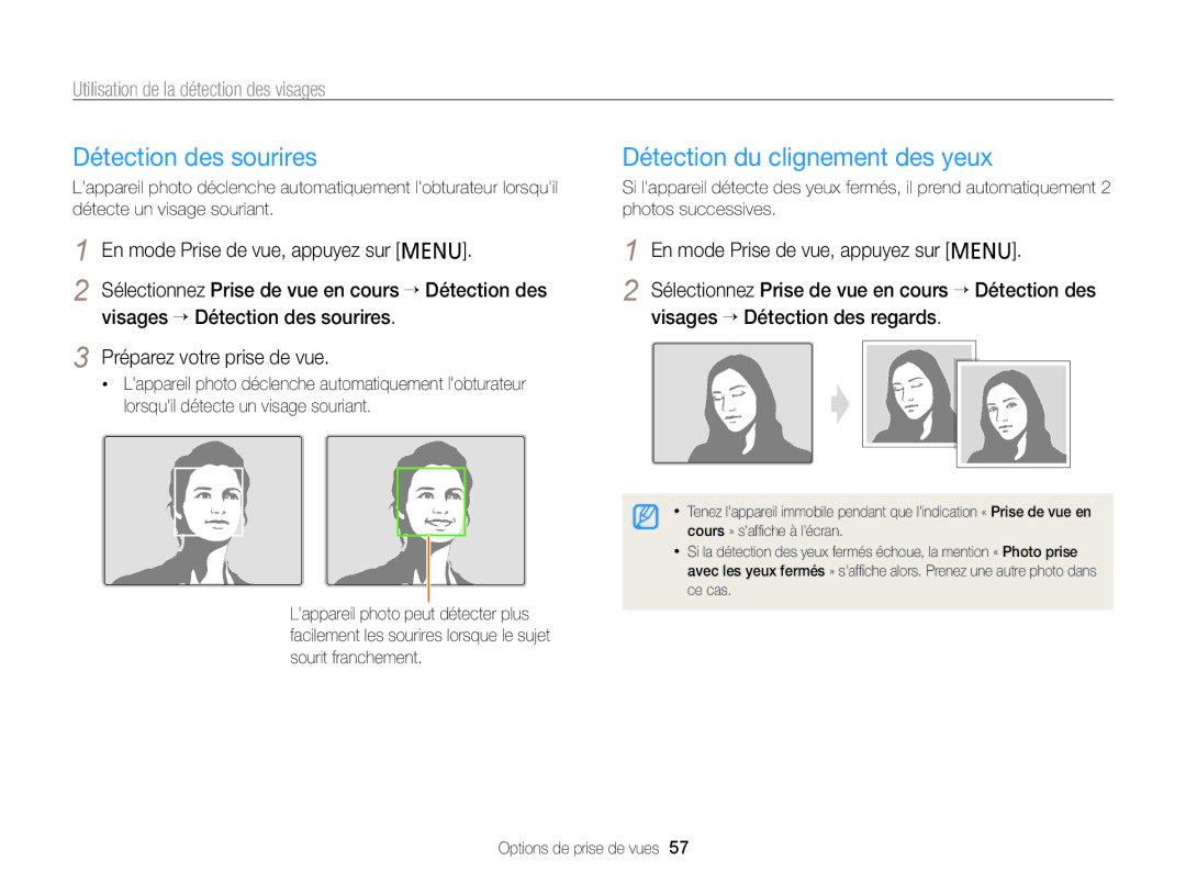 Samsung EC-PL120ZFPBE1 Détection des sourires, Détection du clignement des yeux, Utilisation de la détection des visages 